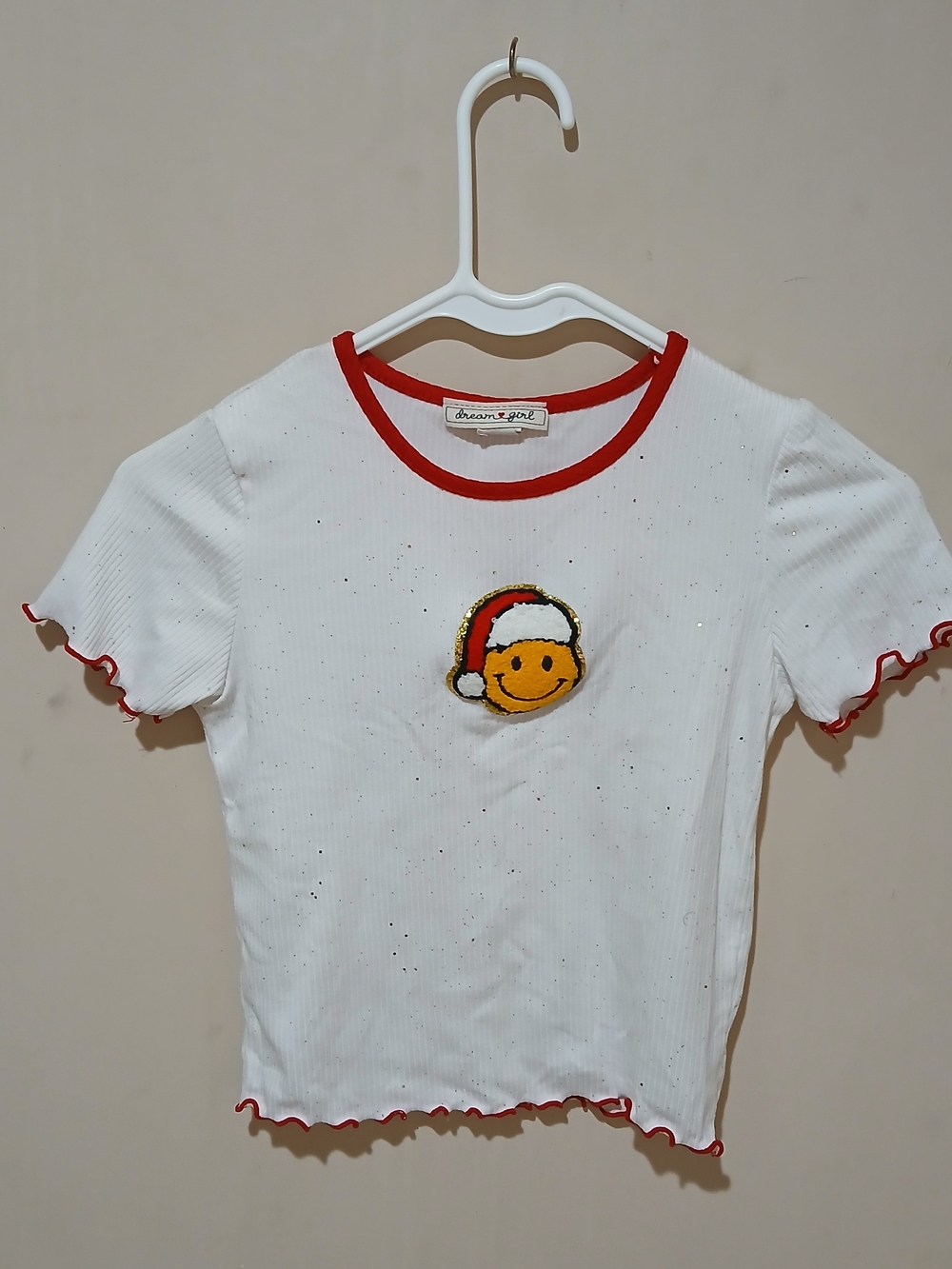 Dreamgirl White Ribbed Short Sleeve Tee with Red Trim and Santa Smiley Patch